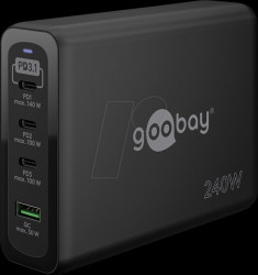 65885 USB charger, 240 W, 1x USB-A (QC), 3x USB-C (PD), GaN, black