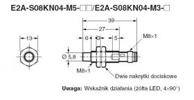 E2A-S08KN04-M5-B2, Czujnik indukcyjny, M8x1, PNP/NC, sr=4mm złącze M8x1, dł. obudowy 39mm, czoło odkryte, obudowa stal szlachetn