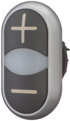 Double pushbutton, illuminable, groping, waistband oval, black, front ring silver gray, mounting Ø 22.5 mm, 218145