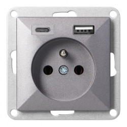 Gniazdo pojedyncze p/t 2P+Z z ładowarką USB A+C Pearl, 16A, 250V, PT-16P/USB, antracyt,OR-OE-7705/USBAC/A