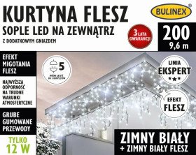 Kurtyna świetlna zewnętrzna flesz 200l kurtyna sople z dod.gn. 9,6m dekoracji+1,5 m przewodu zasil. biały/biały flash 25-692