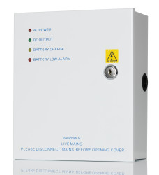 Zasilanie akumulatorowe nap. wyjściowe: 12V dc 1A 1 wyjście nap. wejściowe: 100 → 240V ac Montaż ścienny 225 x 195 x