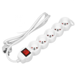 Przedłużacz 5-krotny 2P+Z z wyłącznikiem, 1,5m H05VV-F 3x1,5mm2, Imax=16A, płaska wtyczka, biały,ES-7/W/1,5