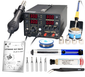 Zestaw stacja lutownicza 853D 5A 30V groty, cyna, topnik, odsysacz, pinceta