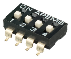 Przełącznik DIP 4-pozycyjny SPST SMD 100 mA przy 50 V DC (liniowy), 25 mA przy 24 V DC (impulsowy) -20 → +85°C