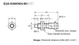 E2A-S08KN04-M1-B1, Czujnik indukcyjny, M8x1, PNP/NO, sr=4mm złącze M12x1, dł. obudowy 43mm, czoło odkryte, obudowa stal szlachet