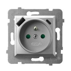 ARIA Gniazdo pojedyncze z uziemieniem z przesłonami torów prądowych, z ładowarką USB A+C srebro GP-1UZPUSBAC/m/18