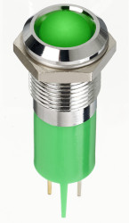 Lampka kontrolna do montażu panelowego 12V dc, zielona 14mm LED Chrom Faston, oczko lutownicze RS PRO