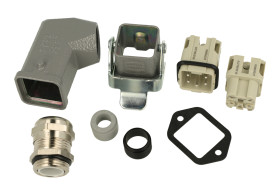 Złącze gniazdo+wtyk; Han Kit; 10200040005; 4 tory; 3A; metal; kątowe 90°; śrubowy; z dławnica M20; z 1 klamrą; 10A; 230V; 1÷2,5m