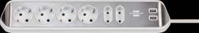 1153590620 Corner socket strip, 6-way, 2x USB, 2 m, silver/white