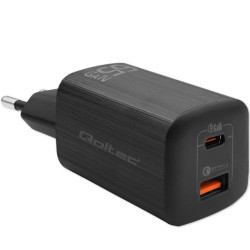 Qoltec Ładowarka sieciowa 65W GaN ULTRA 5-20V 2.25-3.25A 1 x USB typ C PD 1 x USB QC 3.0 Laptop Smartfon Czarna