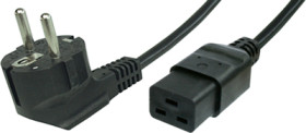 Device connection cable, Europe, plug type E + F, angled on C19 socket, straight, H05VV-F3G1.5 mm², black, 2.5 m, VII-H05VVF3G15