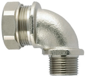 Łącznik do kanałów kablowych HellermannTyton gwint M32 32mm Kolanko 90° Mosiądz, PA 6 IP65 Srebrny