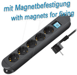 Socket strip, 5-way, 1.5 m, with switch, flat plug, black