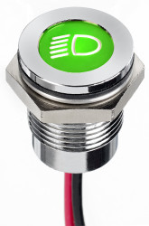 Lampka kontrolna samochodu 12V dc, zielona 14mm LED Chrom Wyprowadzenia APEM