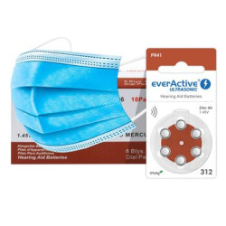 60 x baterie do aparatów słuchowych everActive ULTRASONIC 312 + 3x jednorazowa maseczka 3-warstwowa chirurgiczna