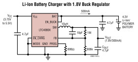 500mA Standalone Li-Ion Charger with Integrated 300mA Synchronous Buck in 3mm × 3mm DFN
