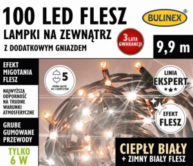 Kurtyna świetlna zewnętrzna FLESZ 100 LED lampki z gn. ciepły biały/flesz 9,9m dł. + 1,5m, łącz. max 5 kpl. 230V 6W IP44 25-468