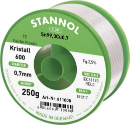 Cyna lutownicza bezołowiowa Stannol Kristall 600 Fairtin bezołowiowa Sn99,3Cu0,7 REL0 250 g 0.7 mm