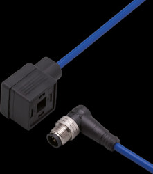 Sensor actuator cable, M12 cable plug, angled, A to valve connector DIN form A, angled, 5 pole/4 pole, 0.3 m, PVC, blue, E10821