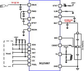 I2C 2 cell 2A Boost battery charger for USB input and integrated cell balancing
