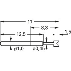 Standard spring contact with probe, triangular, Ø 1.5 mm, travel  3 mm, pitch 1.91 mm, L 17 mm, 1010-H-0.8NE-NI-1.5