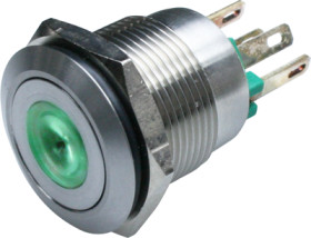 Vandal-proof pushbutton, 1 pole, green, illuminated  (green), 0.5 A/24 V, mounting Ø 19 mm, IP66, MPI001/28/GN