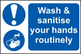 Znak nakazu, PVC, Niebieski/biały, Wash and Sanitize your hands routinely-Tekst Angielski, 300 x 200mm Tak