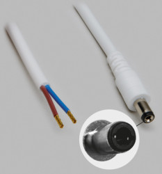 DC connection cable, 2 m, white, plug 2.5 x 5.5 mm, straight to open end, 075829