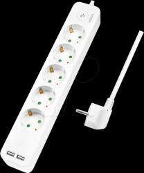 LPS249U Socket strip, 5-way, 1.5 m, 2x USB, with switch