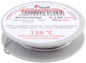 Cyna 1,0mm/25g Bi57Sn42Ag1 niskotopliwa CYNEL 138°C