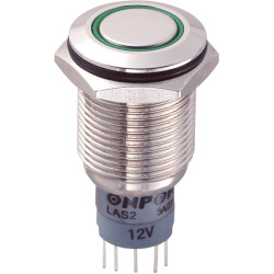 LAS2GQF-11E/G/12V/N/P 16mm IP67 Vandal Resistant Switch SPST, On-On, Green LED