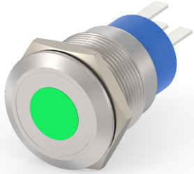 Vandal-proof pushbutton, 1 pole, silver, illuminated  (green), 5 A/250 VAC, mounting Ø 19.18 mm, IP67, 1-2213765-5