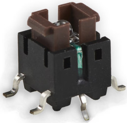 Short-stroke pushbutton, Form A (N/O), 50 mA/12 VDC, illuminated, green/yellow, actuator (brown, L 2.2 mm), 2.54 N, gull-wing, 3
