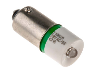 RS PRO Lampa wskaźnikowa Zielony Jeden chip 28 V ac/dc BA9 średnica 10 mm długość 24 mm długość 525 nm