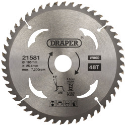 Draper 21581 TCT Circular Saw Blade for Wood, 185 x 25.4mm, 48T