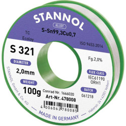 Stannol 631912 S321 Solder Lead-Free Sn99.3Cu0.7 2% 2mm 100g Reel