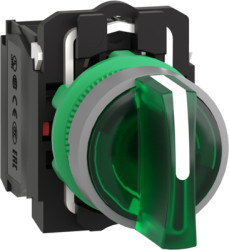 Toggle switch, 3 positions, illuminable, latching, 1 Form A (N/O) + 1 Form B (N/C), waistband round, green, front ring gray, 45°