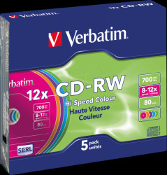 43167 CD-RW, colour, 700 MB, 12x, slim case pack of 5