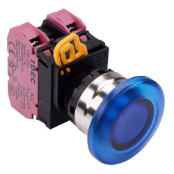 YW4L-A4E02Q3S Blue 12V illuminated 22mm Metal Bezel Mushroom Maintained Push Button Switch 2NC IP65 IDEC