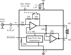 1-W, mono, analog input Class-AB audio amplifier with selectable gain