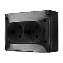 Simon Aquaclick Gniazdo IP44, Schuko, podwójne kompaktowe, klapka transparentna czarny ACGSZ2/49A