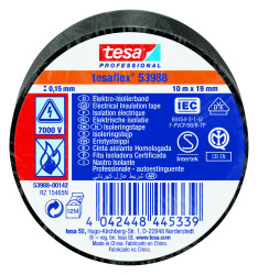 Taśma izolacyjna Czarny szerokość: 19mm grubość: 150mm długość: 10m Miękki PVC 7000V Tesa