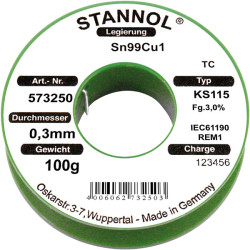 Stannol 573256 Solder Wire Sn99Cu1 KS115 3.0% 1.5mm 100g