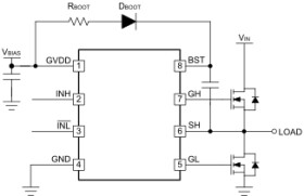 107-V, 0.5-A/0.8-A half-bridge gate driver with 8-V UVLO, dead time and inverting input pin.