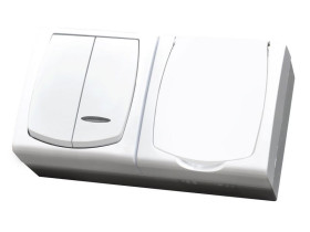 MADERA Zestaw wyłącznik dwugrupowy świecznikowy z podświetleniem + gniazdo pojedyncze wieczko w kolorze wyrobu biały ZH-NŁ2SG/00