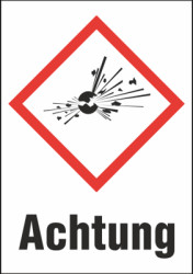 Hazardous goods sign, symbol: GHS01/text: &quot;Achtung&quot;, (W) 37 mm, plastic, 013.21-9-52X37-V / 16 ST.