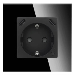 Gniazdko pojedyncze Schuko 2x USB-C 20W - watomierz - WiFi / BT - szklana ramka - czarny - Tawoia Glass