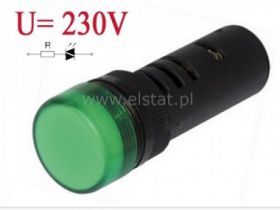 Kontrolka AD16-16E, 230V zielona 16mm/39mm