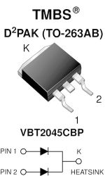 VBT2045CBP-M3 Trench MOS Barrier Schottky Rectifier for PV Solar Cell Bypass Protection Ultra Low VF = 0.33 V at IF = 5.0 A